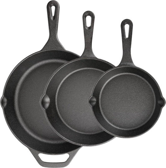 Cast Iron Skillet 3-Piece Set, 6", 8", 10" Frying Pans, Heavy-Duty Pre-Seasoned Pan Cookware Set, for Frying, Saute, Cooking, Pizza & More, Black