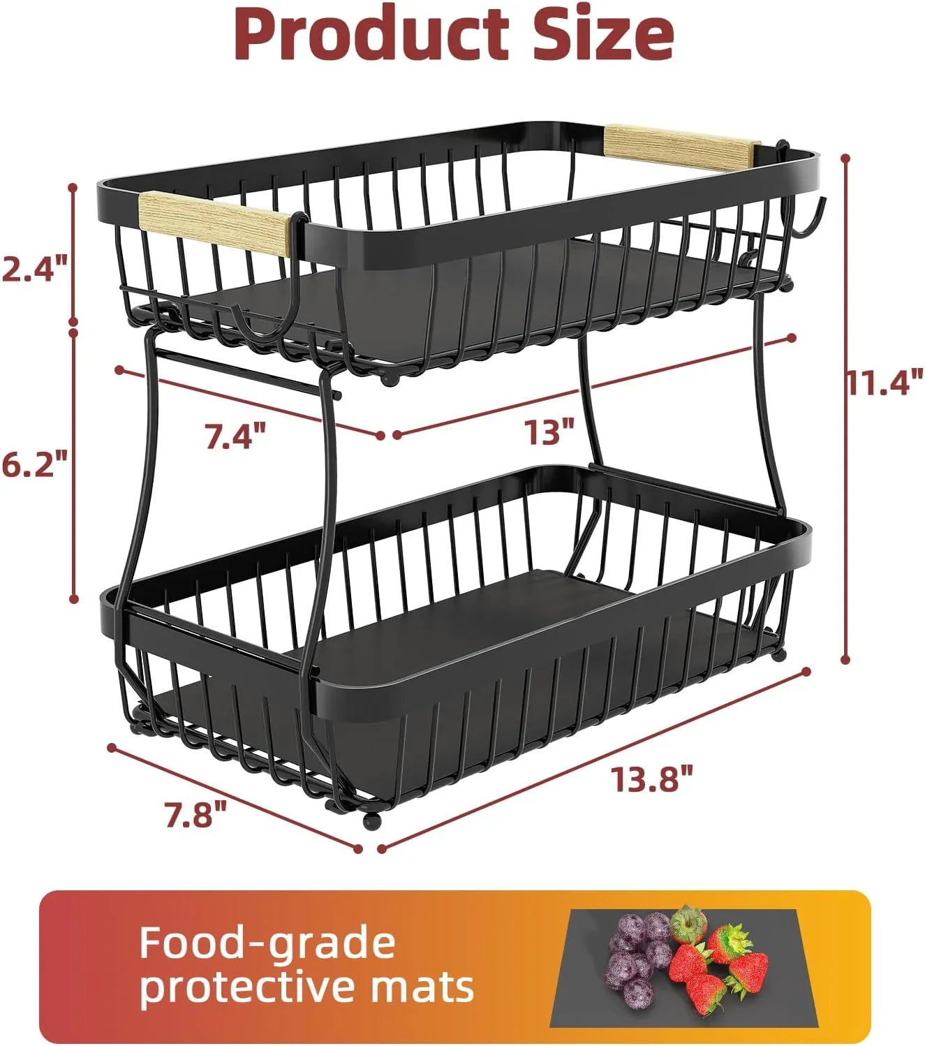 2 Tier Large Fruit Basket for Kitchen Counter with 2 Mobile Banana Hangers, 2026 Pro Detachable Metal Fruit Bowl with Wooden Handle, Fruit Holder for Bread Snack Veggies with Protective Mats