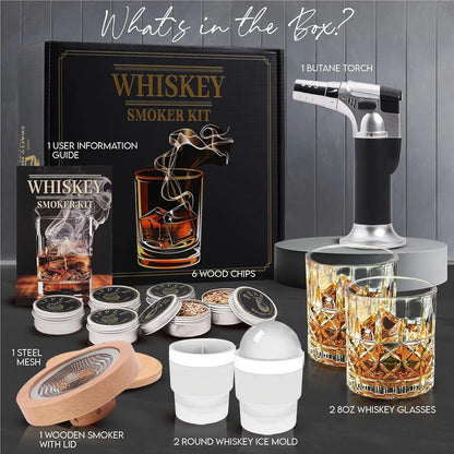 Whiskey Smoker Kit with Torch – 6 Wood Chip Flavors & 2 Glasses – Cocktail Smoker Infuser Set for Old Fashioned and Bourbon– Birthday Gifts for Dad, Men, Husband and Boyfriend(Butane Not Included)