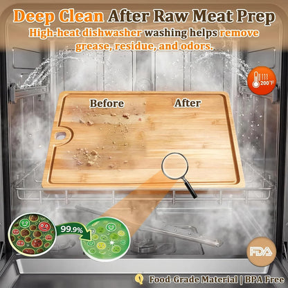 Easy-Clean Dishwasher-Safe Bamboo Cutting Board: 14×10.6 Inch Lightweight Reversible for Kitchen Meat & Serving - Durable Chopping Board with Juice Groove & Hanging Hole for Easy Storage