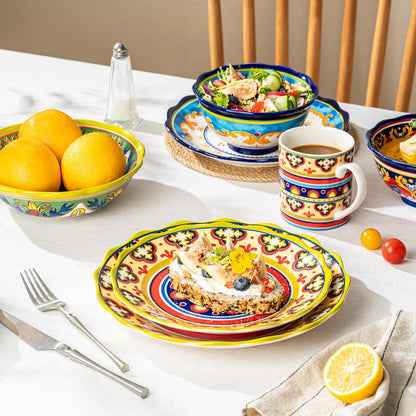 Ceramic Dessert Plate Set of 4, 9 Inch Snack Plates with Scalloped Edges – Serving Dishes for Salad, Cake, Cheese, Vibrant Boho Decoration, Microwave & Dishwasher Safe