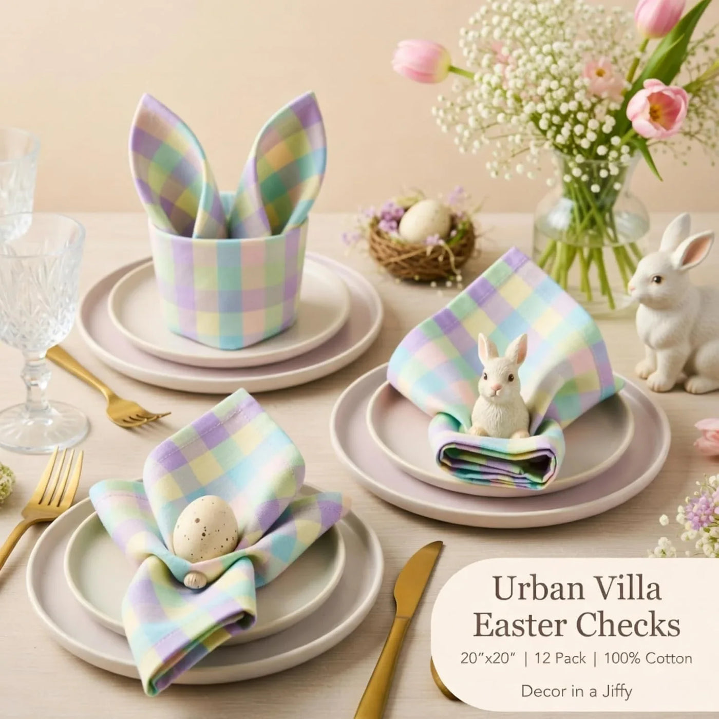Cloth Napkins Set of 12 20X20 Inches 100% Cotton Napkins Cloth Washable Soft Durable Reusable Absorbent Table Dinner Napkins Cloth for Easter Decorations Restaurant Weddings-Easter Checks