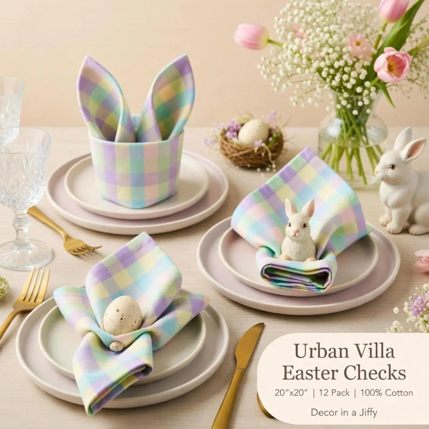 Cloth Napkins Set of 12 20X20 Inches 100% Cotton Napkins Cloth Washable Soft Durable Reusable Absorbent Table Dinner Napkins Cloth for Easter Decorations Restaurant Weddings-Easter Checks