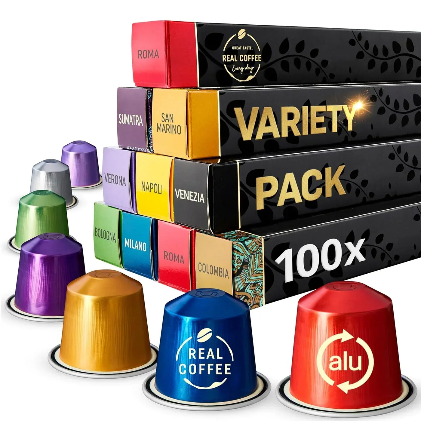 Colorful coffee capsules and variety pack boxes for everyday brewing