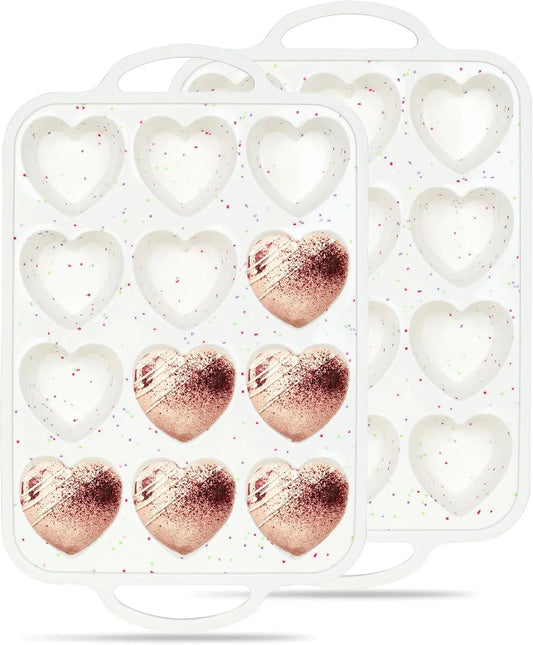 2 Pcs Heart Shaped Muffin Pan with Metal Reinforced Frame 12 Cup Nonstick Silicone Heart Cake Mold for Baking 2.5 Inch Cupcake Tray (Cream)