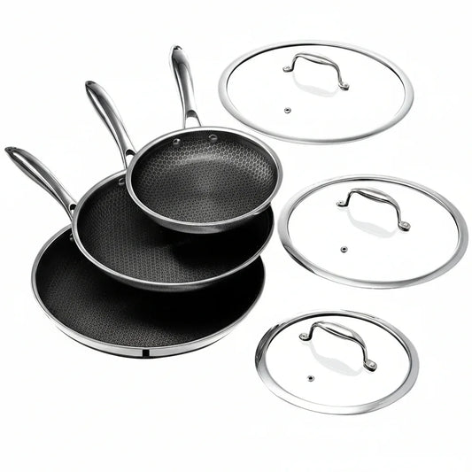 Nonstick cookware set with glass lids, stainless steel handles, ideal for everyday cooking and organized kitchens