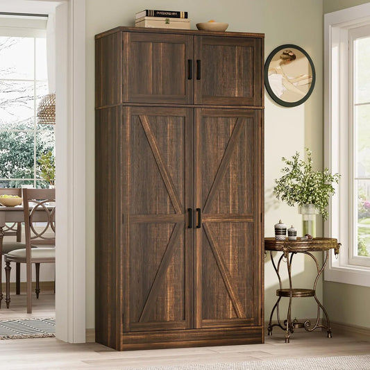 71” Farmhouse Storage Cabinet, Large Kitchen Pantry Storage Cabinet with Adjustable Shelves and Barn Doors, Versatile Tall Storage Cupboard for Dinning Room, Bathroom, Living Room, Wash Gray