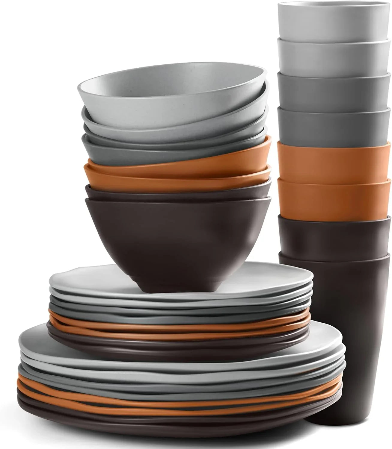 32-Piece Kitchen Plastic Wheat Straw Dinnerware Set, Service for 8, Dinner Plates, Dessert Plate, Cereal Bowls, Cups, Unbreakable Plastic Outdoor Camping Dishes, Smoky Brown