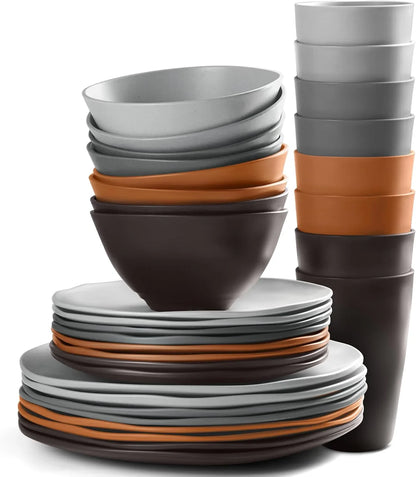 32-Piece Kitchen Plastic Wheat Straw Dinnerware Set, Service for 8, Dinner Plates, Dessert Plate, Cereal Bowls, Cups, Unbreakable Plastic Outdoor Camping Dishes, Smoky Brown