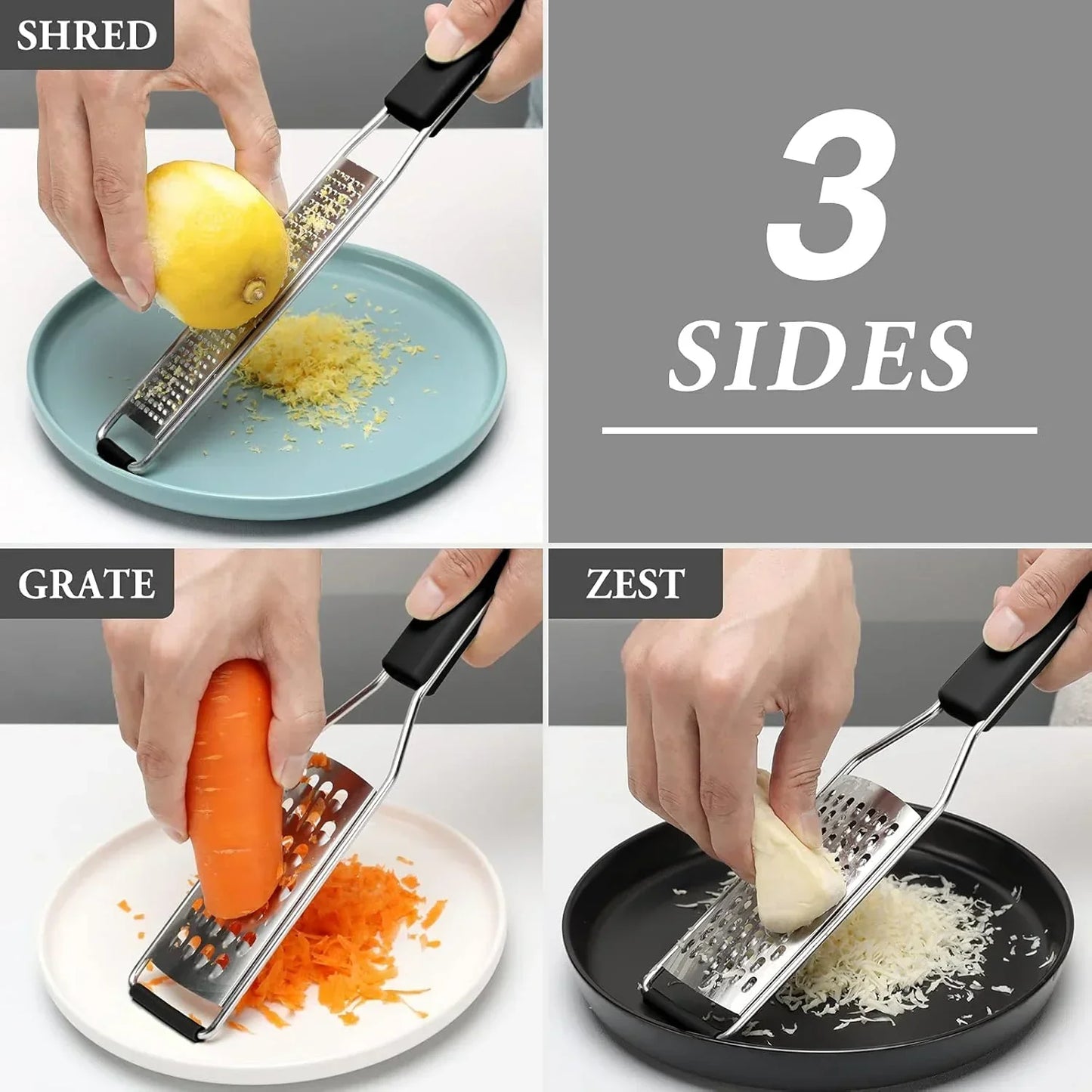 3-sided stainless steel grater for zesting lemon, grating carrot, and shredding cheese with ergonomic handle
