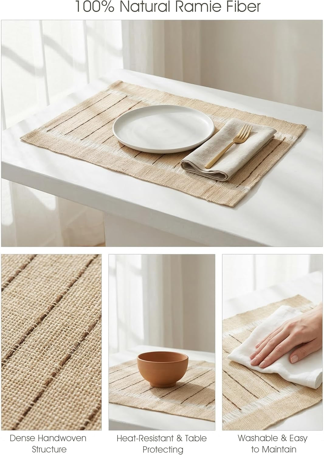 Ramie Placemats Set of 6 for Dining Table, Natural Woven Placemats with Open-Weave Design, Heat Resistant Washable Table Mats, Farmhouse Boho Table Decor, Housewarming Gift