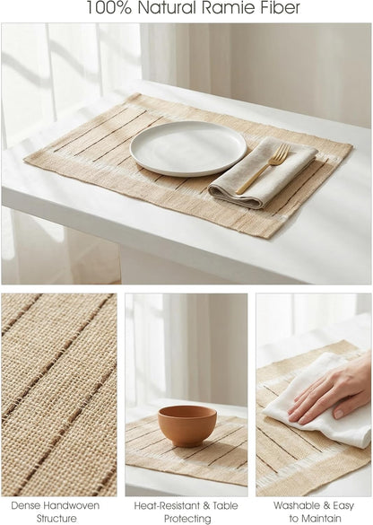 Ramie Placemats Set of 6 for Dining Table, Natural Woven Placemats with Open-Weave Design, Heat Resistant Washable Table Mats, Farmhouse Boho Table Decor, Housewarming Gift