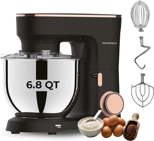 Black Electric Stand Mixer 6.8 Quart Qt, 660W, 6-Speed Adjustable, Stainless Steel Planetary, Portable, Compact & Elegant Kitchen Mixer for Baking & Cooking