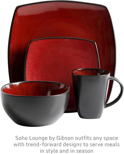 Soho Lounge Square 16-Piece Dinnerware Set, Service for 4, Reactive Glaze Stoneware Plates and Bowls, Modern Dishes, Microwave & Dishwasher Safe – Red and Black