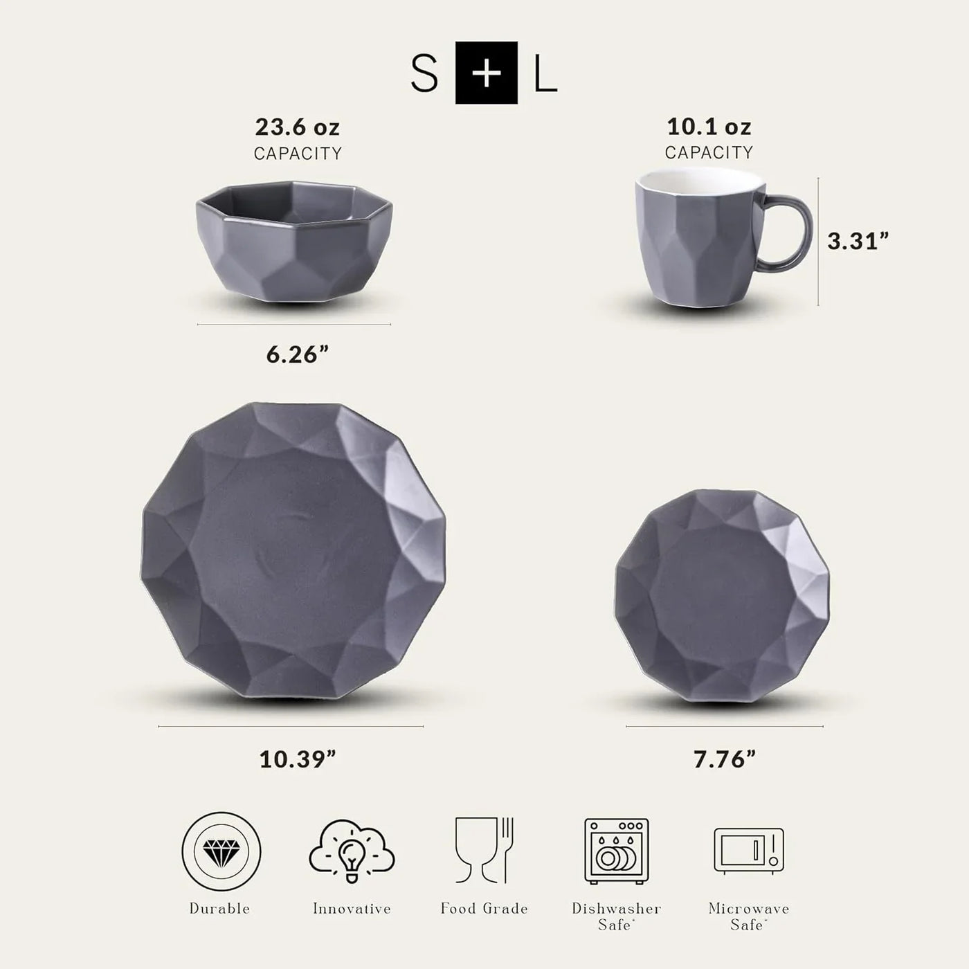 Stone + Lain Jamie Porcelain 16-Piece Geometric Dinnerware Set, Grey