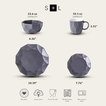 Stone + Lain Jamie Porcelain 16-Piece Geometric Dinnerware Set, Grey