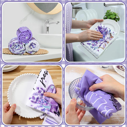 6 Pcs Lavender Summer Kitchen Towel Set Funny Housewife Farmhouse Rustic Bath Hand Towel for Holiday Bathroom Gift, 24 X 16 Inches(Purple,Lavender)