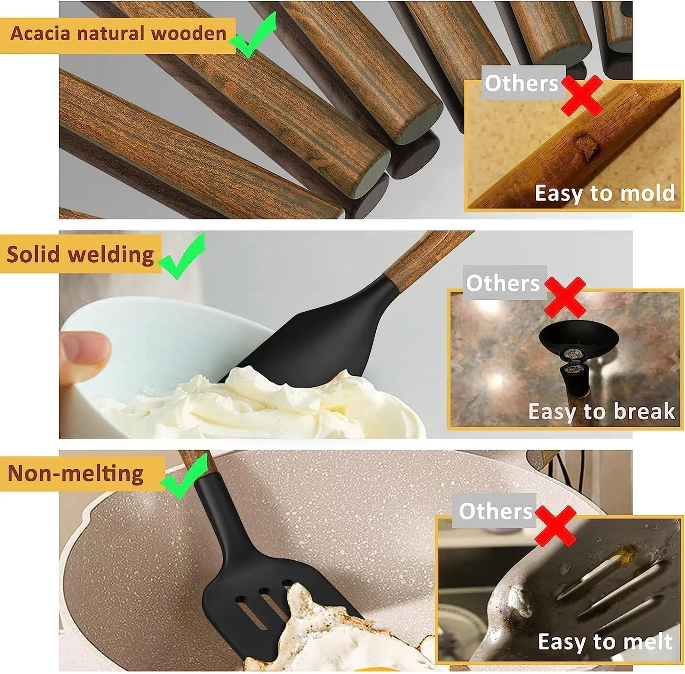 Silicone Cooking Utensil Set,  8-Piece Kitchen Utensils Set with Natural Acacia Wooden Handles,Food-Grade-Silicone Kitchen Gadgets Spatulas Set for Nonstick Cookware- Black