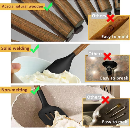 Silicone Cooking Utensil Set,  8-Piece Kitchen Utensils Set with Natural Acacia Wooden Handles,Food-Grade-Silicone Kitchen Gadgets Spatulas Set for Nonstick Cookware- Black