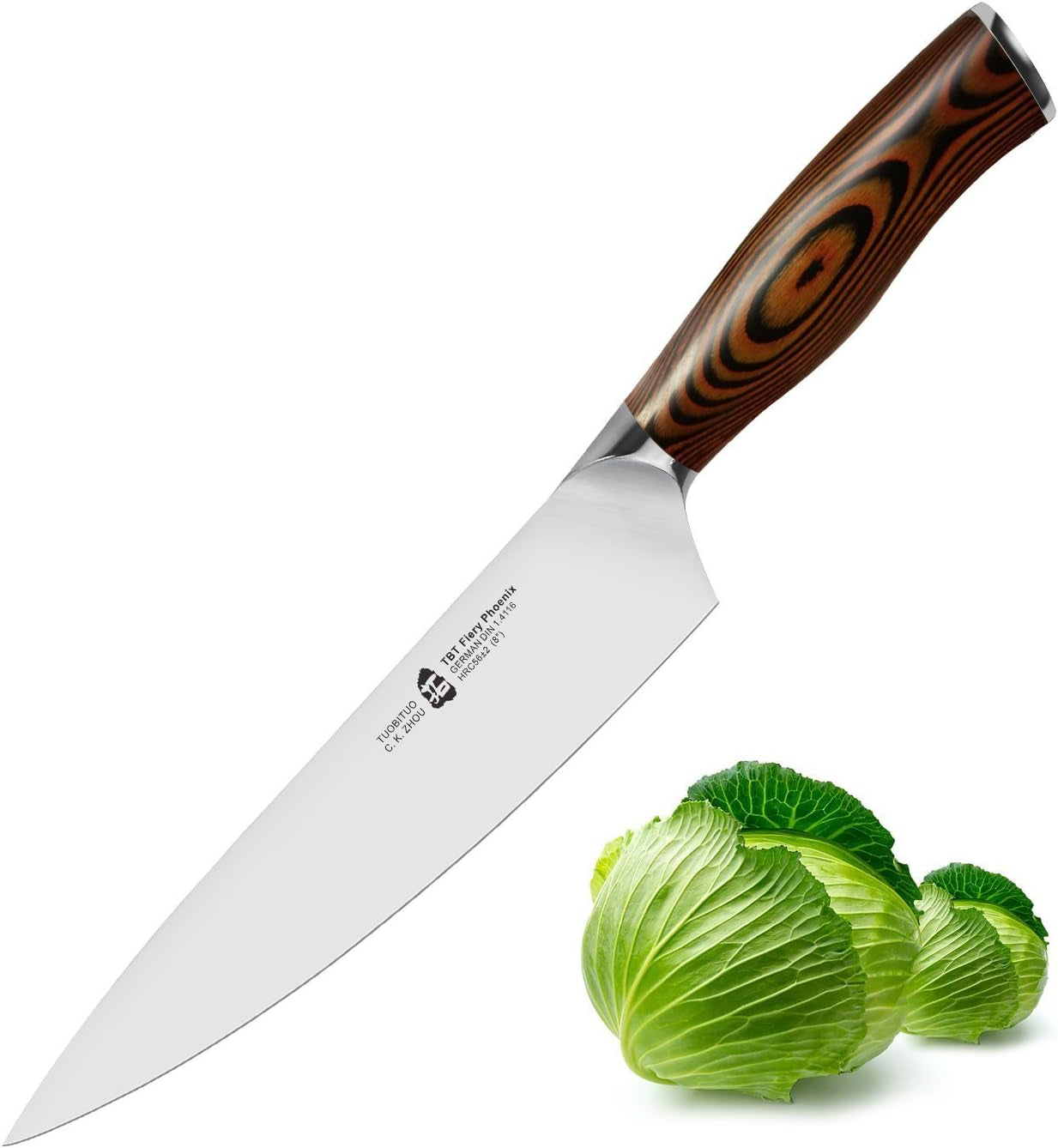 Chef Knife, 8 Inch Sharp Kitchen Knife with Pakkawood Handle, High Carbon Steel, Professional for Chopping & Dicing, Gift Box - Fiery Phoenix Series