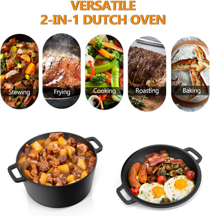 5Qt Dutch Oven Pot for Bread Baking (Black), 2 in 1 round Cast Iron Dutch Oven with Lid Set, Skillet & Pot for Roasting Braising Stewing Frying Simmering, Multi Stoves & Oven Safe