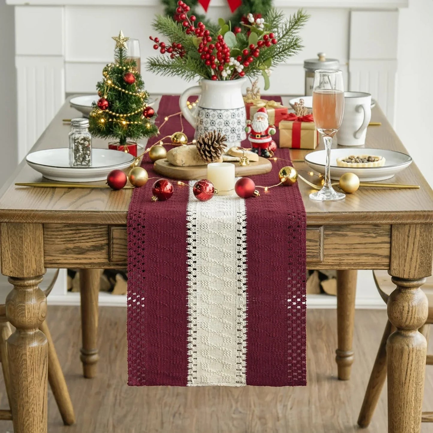 Red Farmhouse Rustic Table Runner, Seasonal Christmas Hollow Kitchen Dining Table Decoration for Home Party Decor 12X72 Inch
