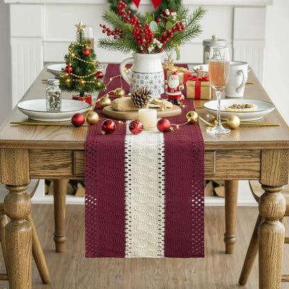 Red Farmhouse Rustic Table Runner, Seasonal Christmas Hollow Kitchen Dining Table Decoration for Home Party Decor 12X72 Inch