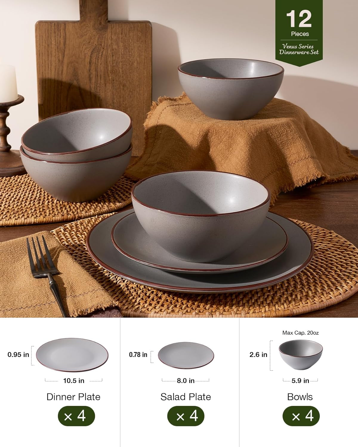 Venus Plates and Bowls Sets, 12 Pieces Stoneware Speckled Dishes Dinnerware Set for 4, Matte Dark Gray - Microwave & Dishwasher Safe, Modern Minimalist, for Everyday Meals & Formal Dining