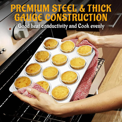 Muffin Pan 12-Cup, Set of 2, Stainless Steel Cupcake Pan Metal Muffin Baking Tins for Oven, Regular Size & Easy Clean, Non-Toxic & Dishwasher Safe