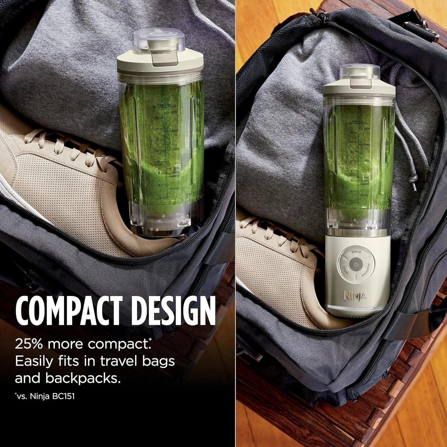 Compact Ninja blender with green smoothie, fitting easily in travel bag beside sneakers, ideal for on-the-go blending.