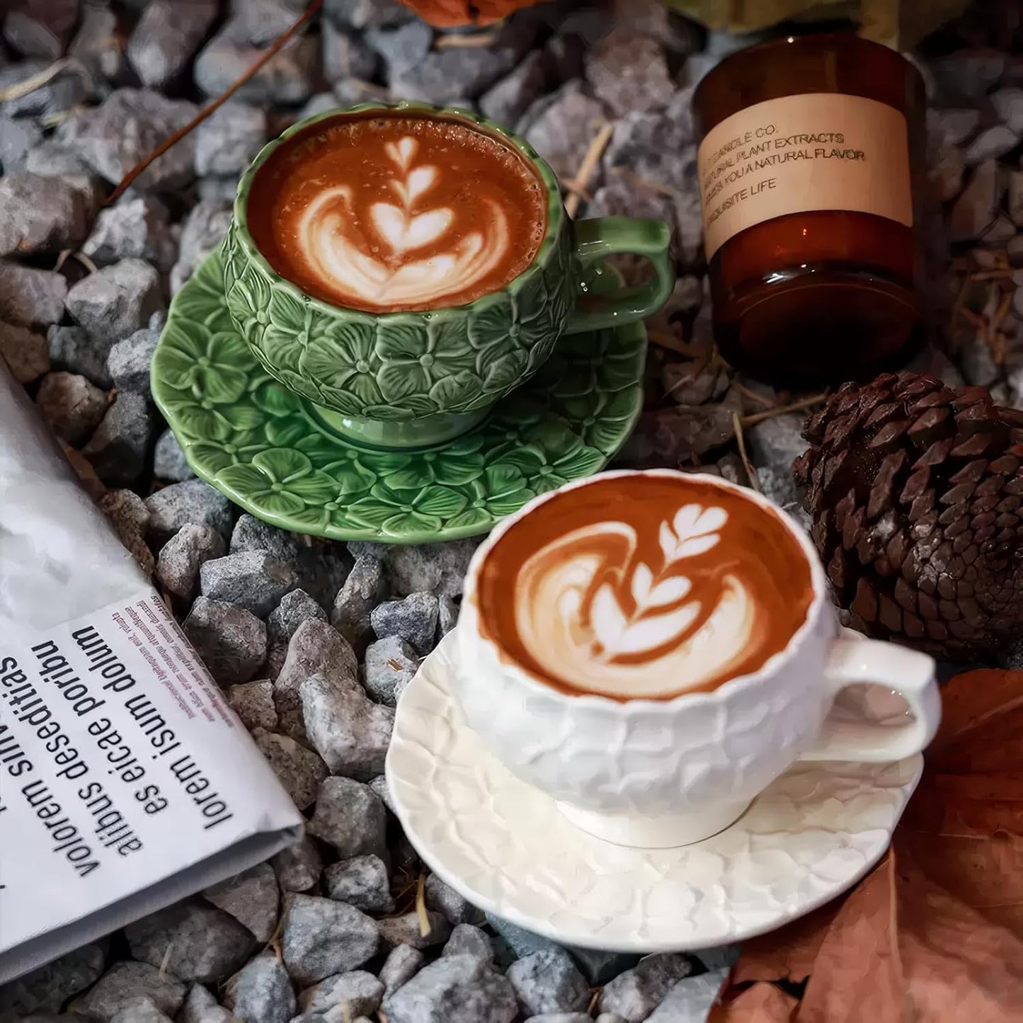 Tea Cups and Saucers Set of 2, Porcelain Coffee Cups, 8.5-Ounce Stackable Espresso Mugs, Ceramic Demitasse for Coffee, Latte, Americano, Tea, Green Flower