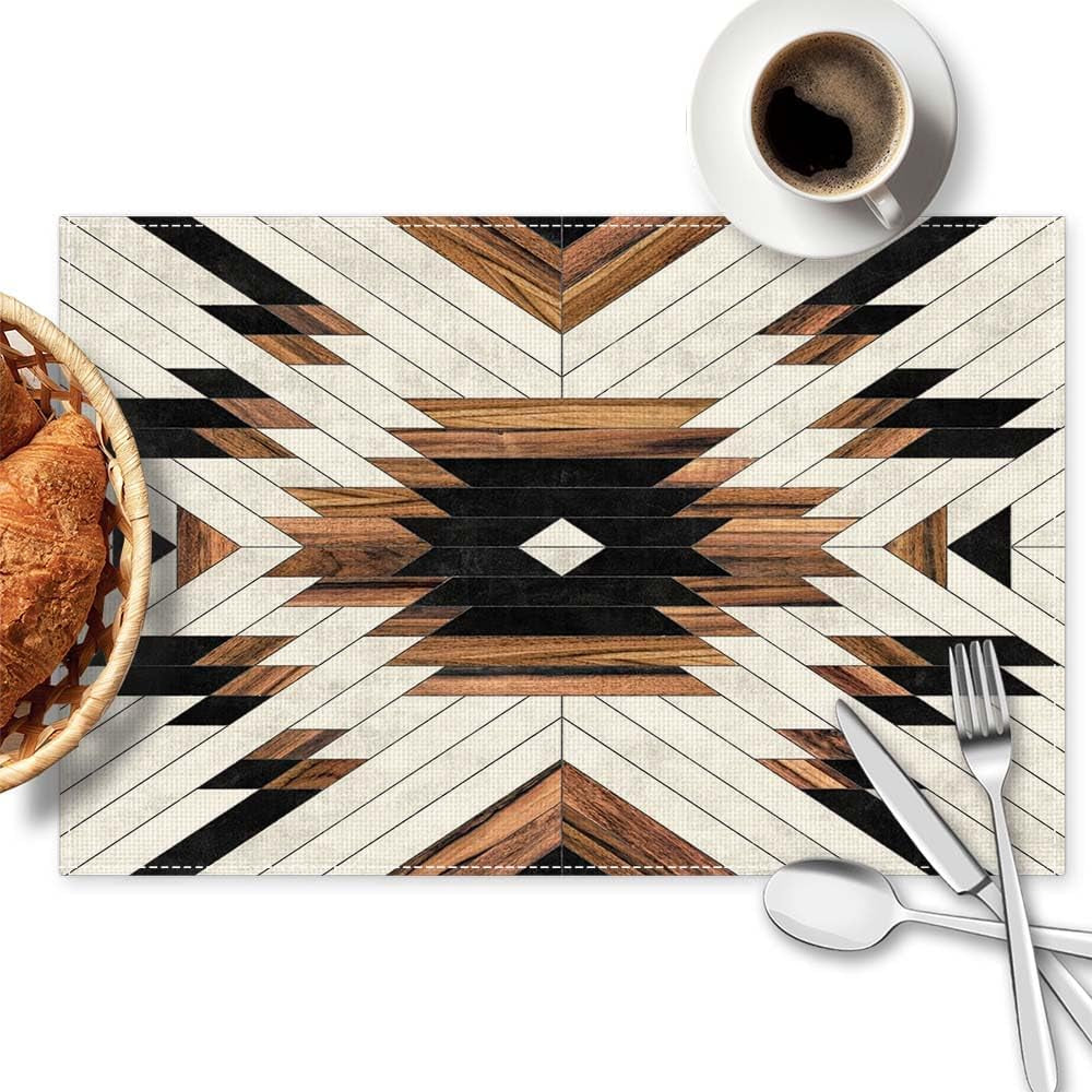 Geometric Black Brown Placemats Set of 4, 12X18 Inch Waterproof Stain Resistant Tribal Pattern Aztec Boho Western Linen Table Placemats Farmhouse Kitchen Party Decor Home Décor