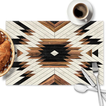 Geometric Black Brown Placemats Set of 4, 12X18 Inch Waterproof Stain Resistant Tribal Pattern Aztec Boho Western Linen Table Placemats Farmhouse Kitchen Party Decor Home Décor