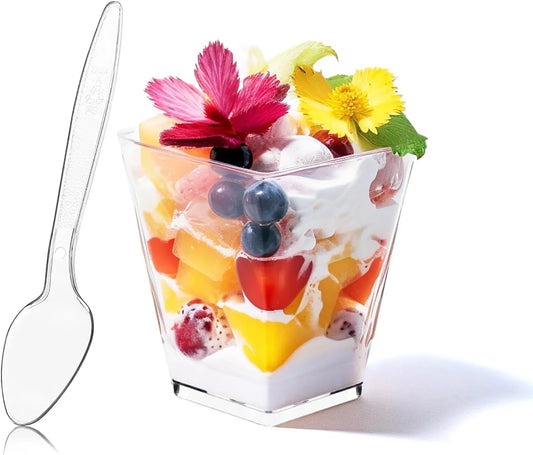 50 Pack 5 Oz Square Dessert Cups with Spoons, Clear Plastic Parfait Cups for Party, Mini Serving Shooter Appetizer Cups, Dessert Shot Glasses for Tasting Samples Fruit Ice Cream