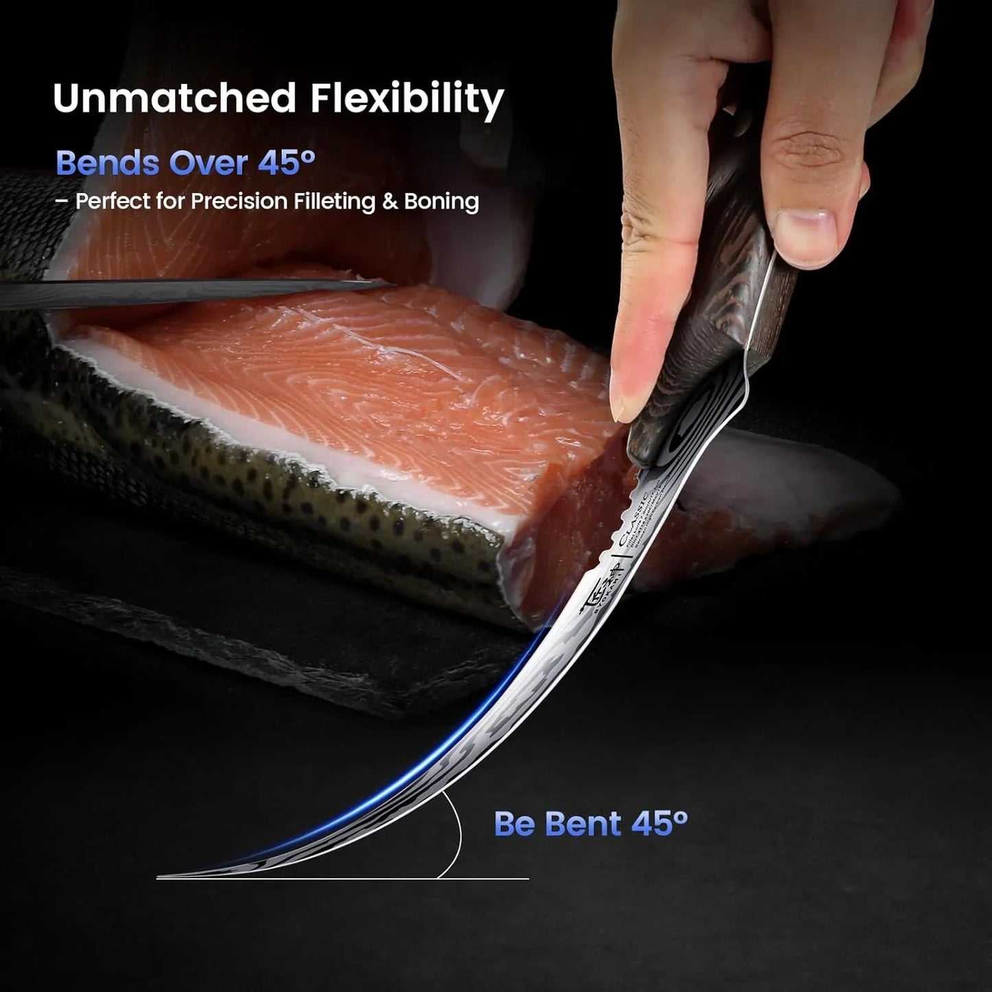 Fillet Knife, Razor Sharp 7.2 Inch Boning Knife, High Carbon Stainless Steel Filet Knives with High Flexibility, Wooden Handle, Full Tang Damascus Pattern Fishing Knives, Ideal Gift