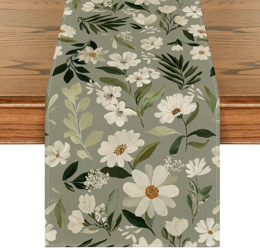 Olive Green Daisy Flowers 210 GSM Spring Table Runner, Seasonal Summer Kitchen Dining Table Decoration for Home Party Decor 13X48 Inch
