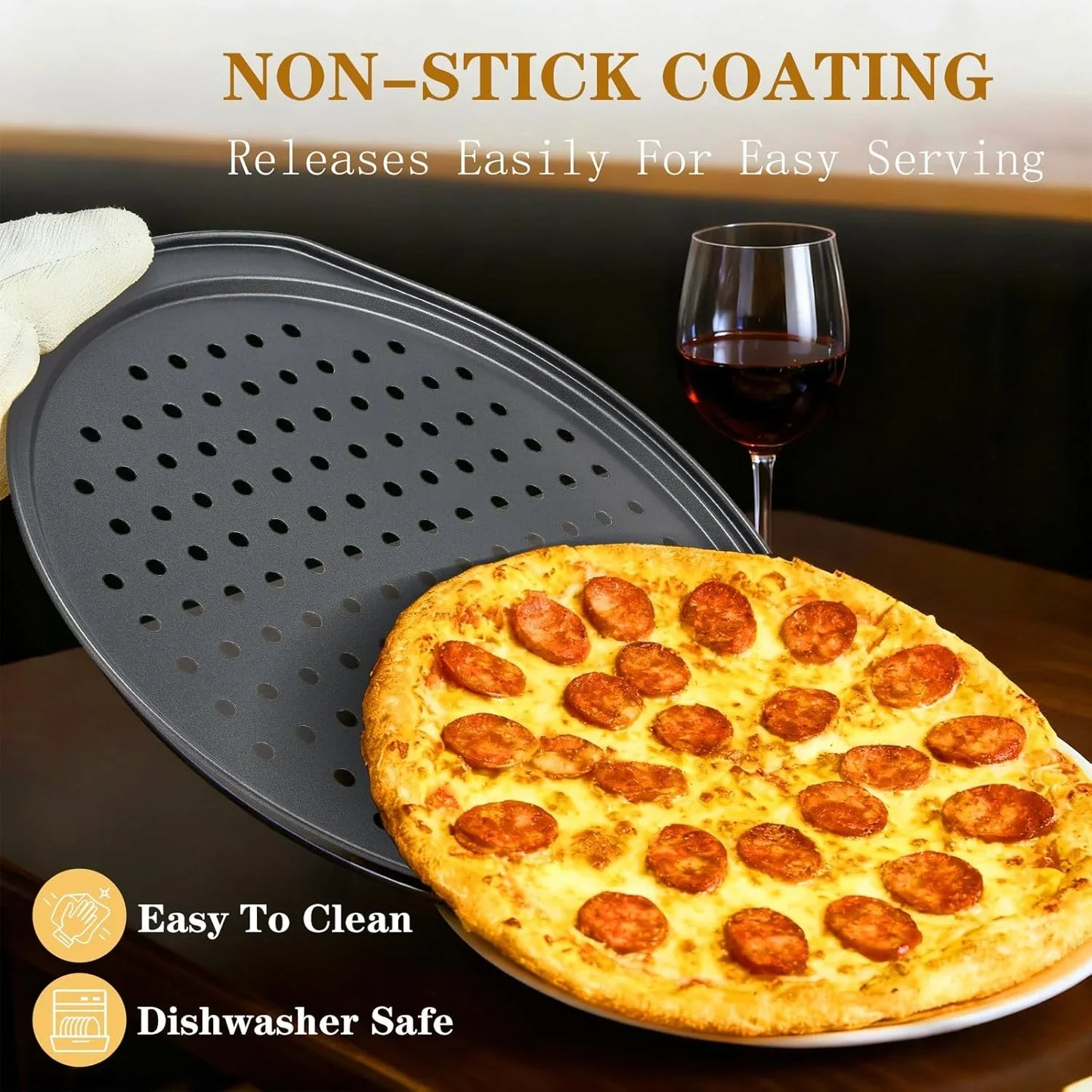 5Pcs Pizza Pan Set - 12 Inch Pizza Pan with Holes, Non-Stick, Pizza Oven Accessories with 2 Carbon Steel round Pans, Pizza Cutter and 2 Gloves, Dishwasher Safe