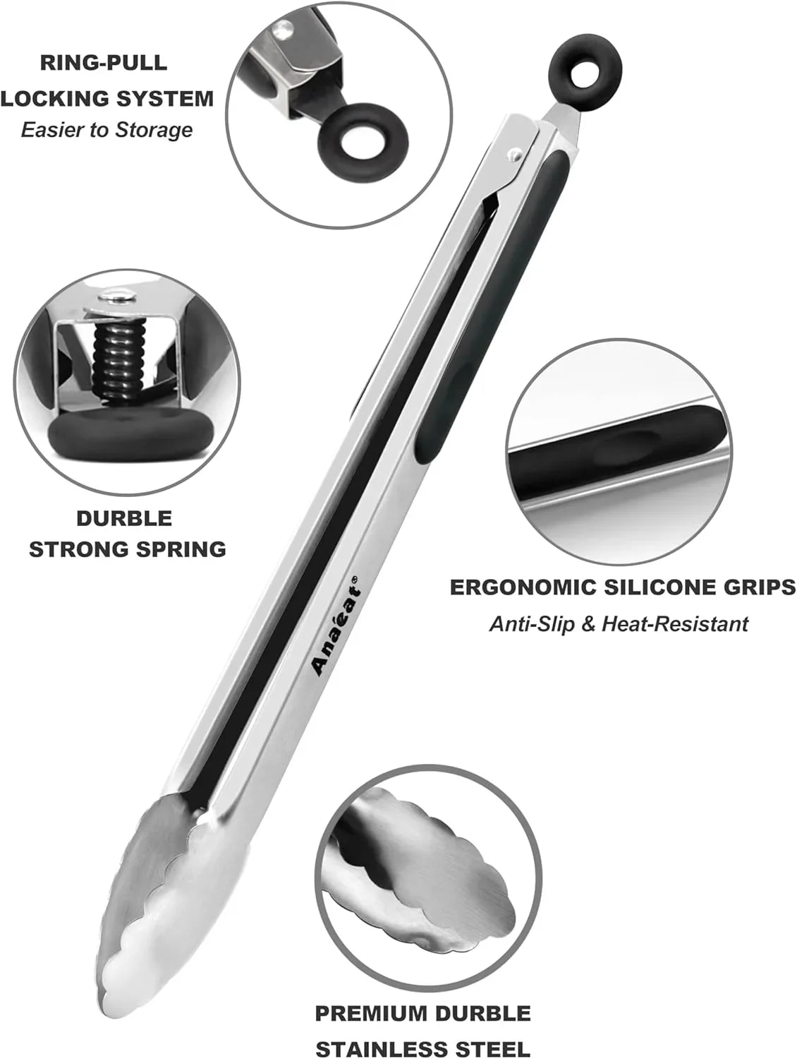 Premium Kitchen Locking Tong Set of 3 - Heavy Duty Stainless Steel Food Tongs with Long Handle & Non-Slip Silicone Grip for Cooking, Baking, Grilling - Heat Resistant up to 480°F