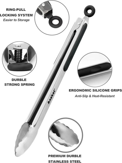 Premium Kitchen Locking Tong Set of 3 - Heavy Duty Stainless Steel Food Tongs with Long Handle & Non-Slip Silicone Grip for Cooking, Baking, Grilling - Heat Resistant up to 480°F