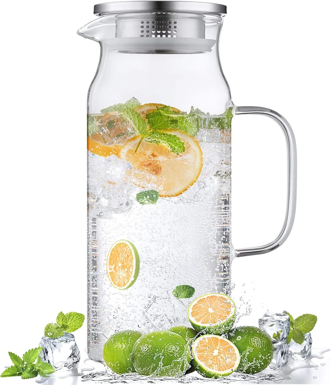 2 Liter 68 Oz Glass Pitcher with Lid and Handle, Glass Carafe for Hot/Cold Water, Large Iced Tea Pitcher for Coffee, Juice and Homemade Beverage