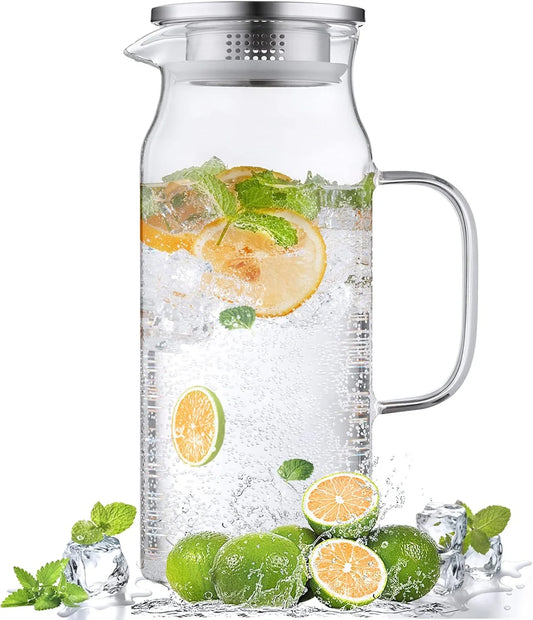 2 Liter 68 Oz Glass Pitcher with Lid and Handle, Glass Carafe for Hot/Cold Water, Large Iced Tea Pitcher for Coffee, Juice and Homemade Beverage