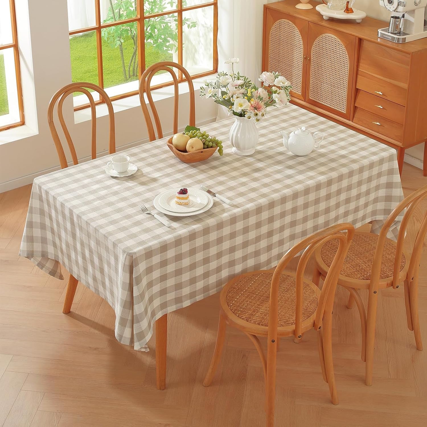 Checkered Tablecloth Rectangle Washable Buffalo Plaid Table Cloth Cotton Linen Gingham Table Cover for Picnic Kitchen Dining Room, Beige and White, 60 * 75