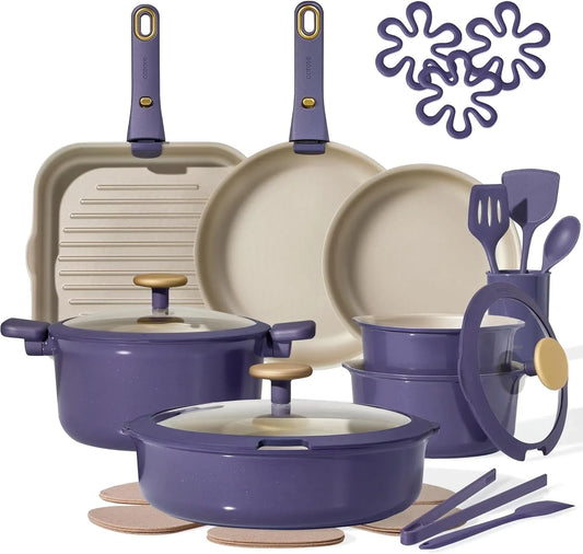 26Pcs Nonstick Pots and Pans Set, Nonstick Cookware Set with Detachable Handle, Induction Kitchen Cookware Sets Removable Handles, Dishwasher Safe, Oven Safe, Purple