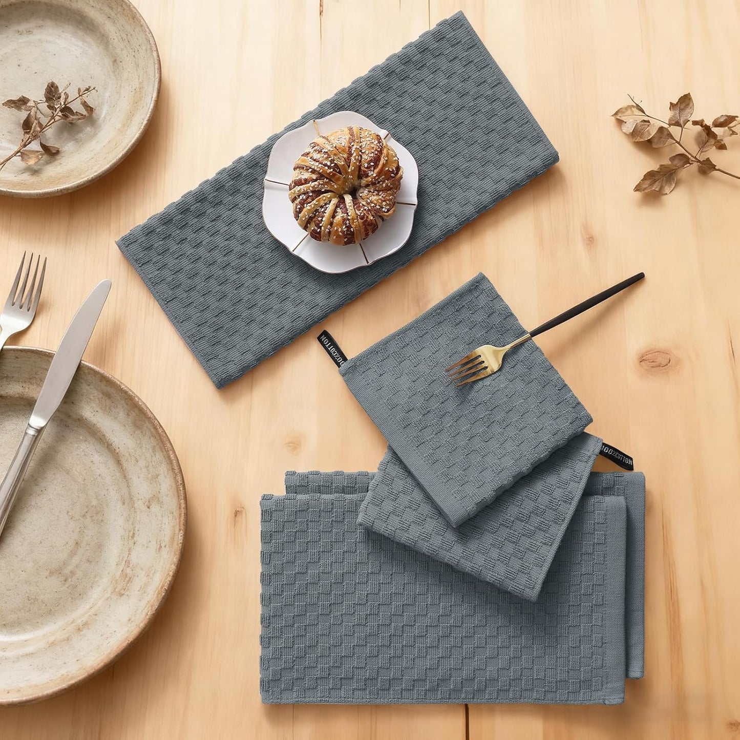 100% Cotton Kitchen Towels and Dishcloths Set, 12 X 12 & 15 X 25 Inches, Set of 8 Bulk Terry Cloth Dish Towels, Super Soft and Absorbent Hand Towel with Hanging Loop, Dark Grey