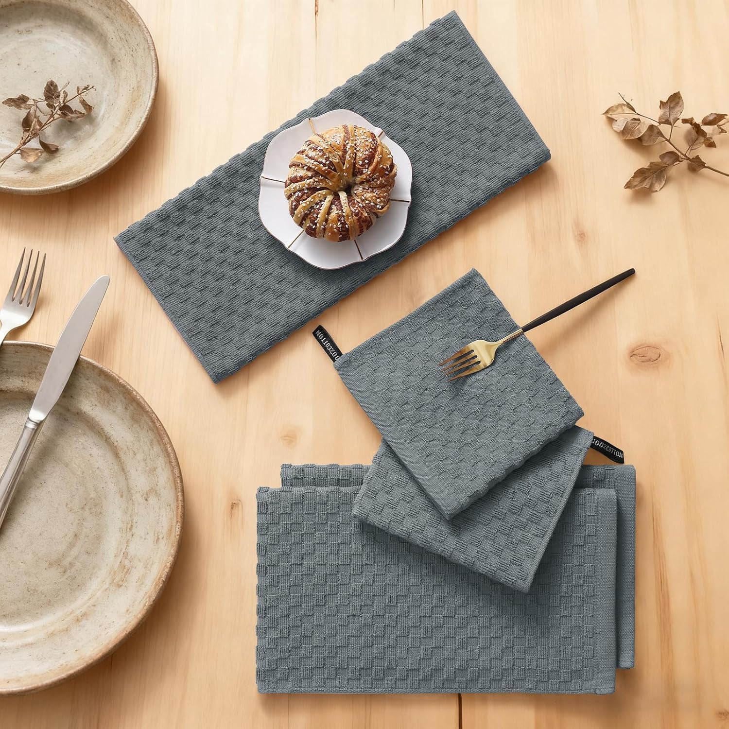 100% Cotton Kitchen Towels and Dishcloths Set, 12 X 12 & 15 X 25 Inches, Set of 8 Bulk Terry Cloth Dish Towels, Super Soft and Absorbent Hand Towel with Hanging Loop, Dark Grey
