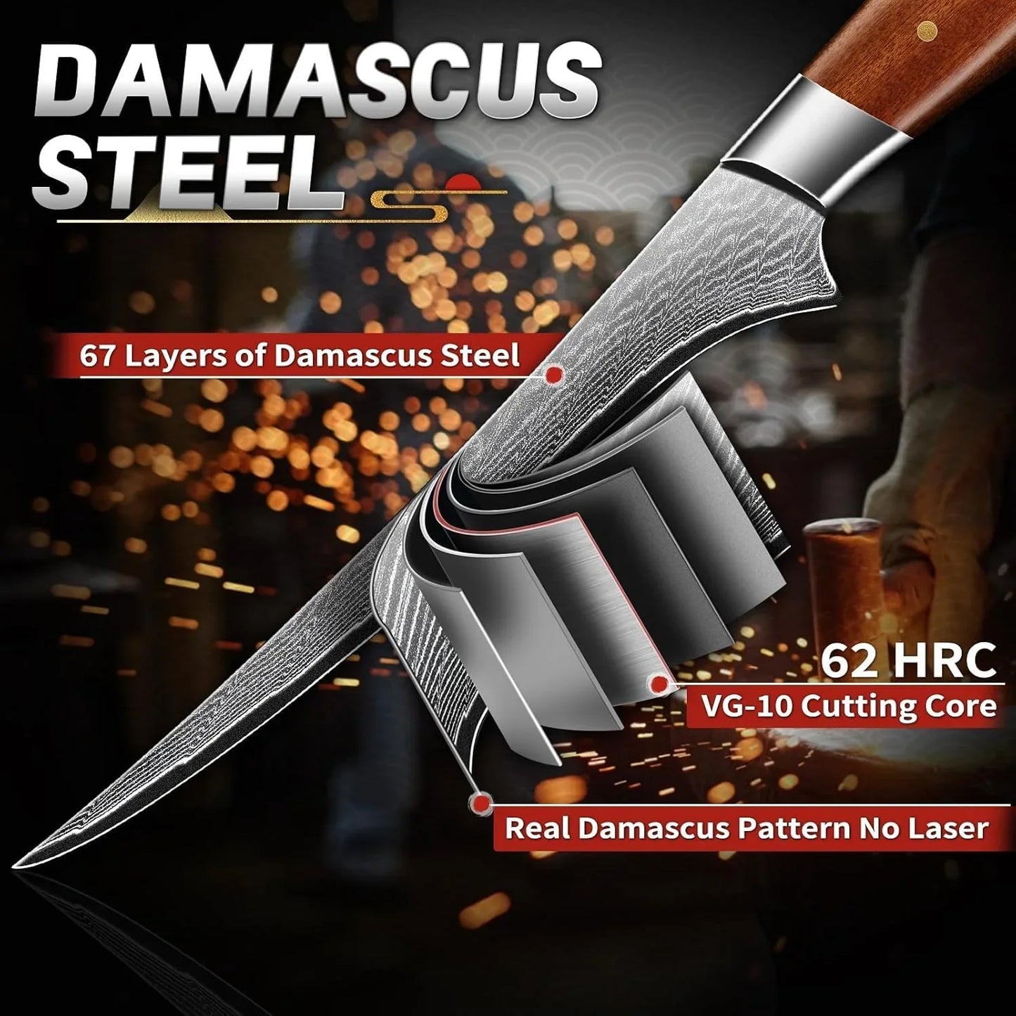 Damascus Fillet Knife 7 Inch - Professional VG-10 Super Sharp Boning Knife for Meat Poultry Chicken Cutting, Japanese Fish Knives with Ergonomic Wood Handle, Birthday Gifts for Men Women
