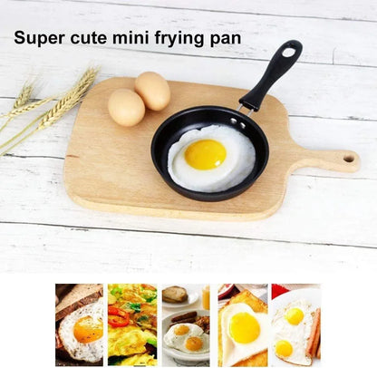 Mini frying pan with sunny-side-up egg on wooden cutting board, ideal for small kitchen tasks