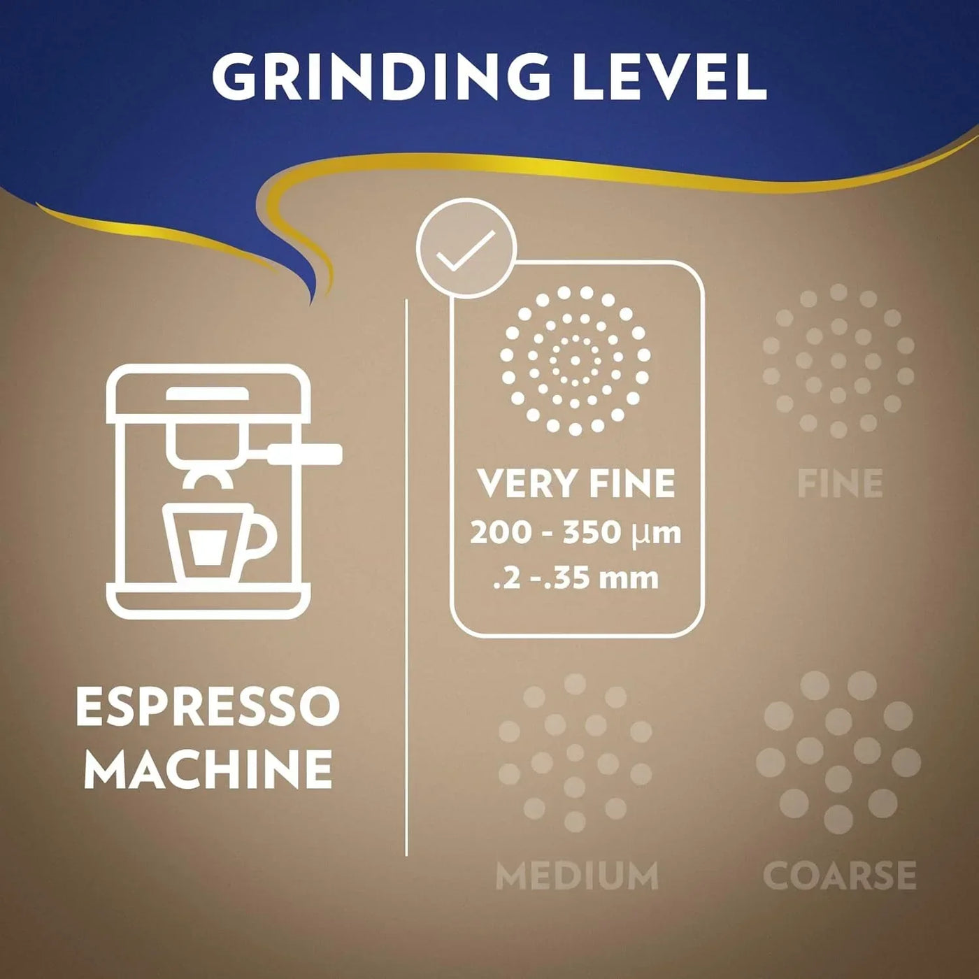 Espresso machine grinding level chart showing very fine 200-350μm for optimal coffee extraction