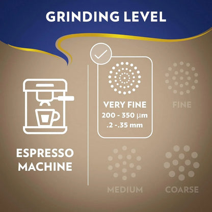 Espresso machine grinding level chart showing very fine 200-350μm for optimal coffee extraction