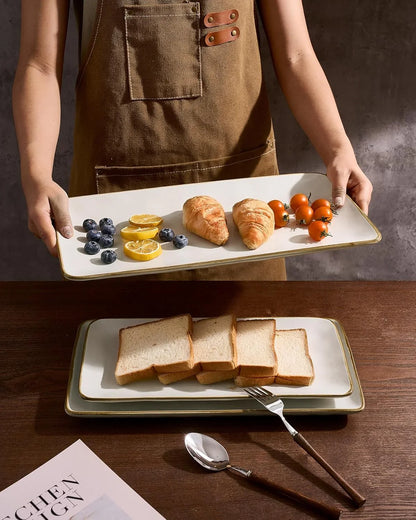 Serving Platter, Rectangular 15.67/14.1/12.6Inch Serving Dishes for Entertaining, Microwave Dishwasher Safe, Stoneware Serving Trays for Party, Turkey, Cheese, Ocean Series, Vanilla White